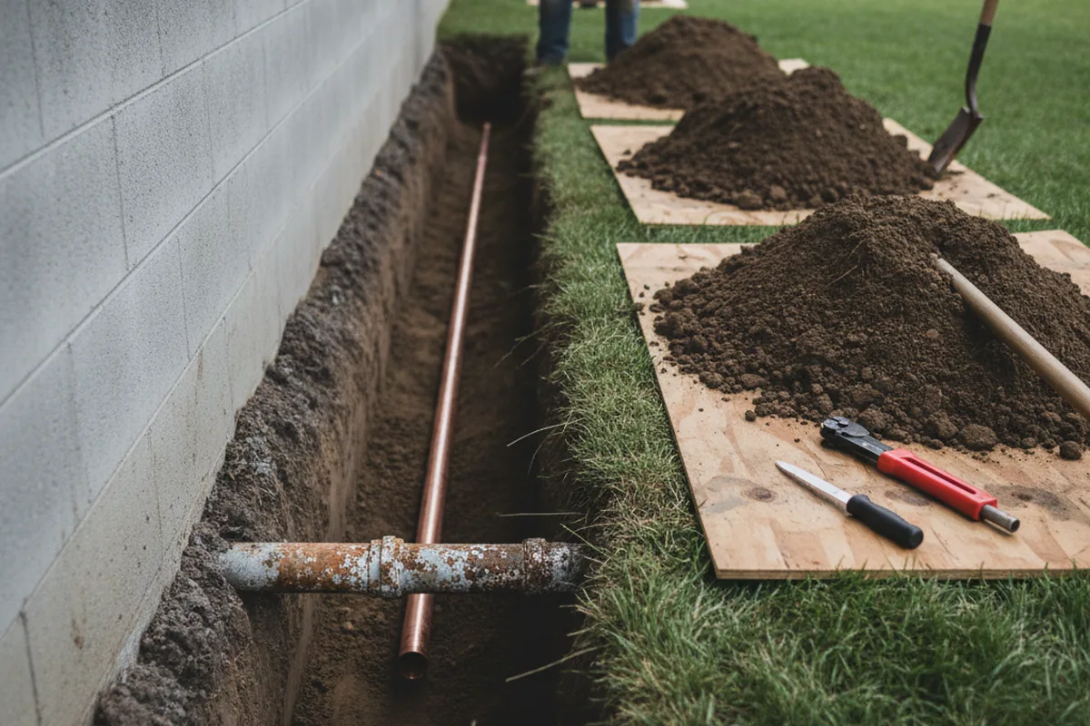 Excavated water line trench during Water Softener Installation in Elyria